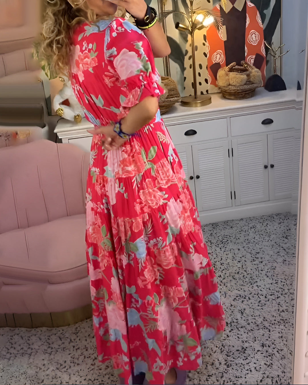 Caterina™ | Długa Sukienka w Kwiaty z Ukrytymi Kieszeniami